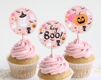 Pink Ghost Halloween Cupcake Toppers: Printable Party Decor Hab1