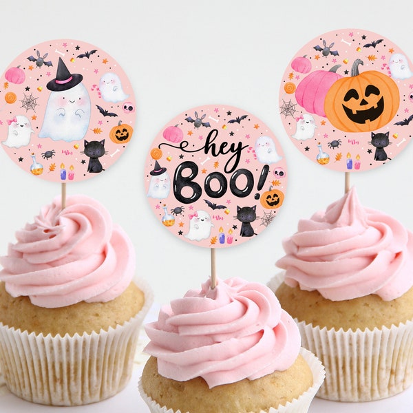 Pink Halloween Cupcake Toppers Little Boo Birthday Cupcake Toppers Favor Tags Halloween Ghost Party 1st Girl Printable Digital Download Hab1