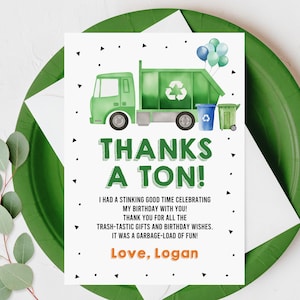 Garbage Truck Birthday Thank You Card Trash Truck Birthday Thank you note Editable Kids Trash Bash Green Truck Printable Bir434 Bir471