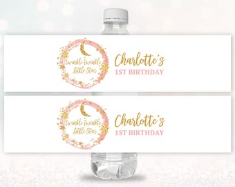 Twinkle Little Star water bottle labels  Girl 1st Birthday  Download  EDITABLE  Bir163