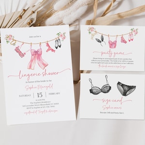 Lingerie Shower Invitation Bundle, Panty Game Card, Pink Floral (Editable Printable) Bri74