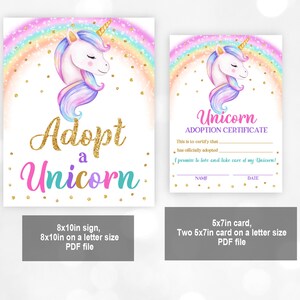 Adopt a Unicorn Sign Certificate Unicorn Adoption Birthday Party Favor ...