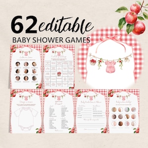May include: A collection of 62 editable baby shower game cards featuring a red and white gingham pattern, watercolor apple illustrations, and a pink baby onesie graphic. The cards include various activity templates with text headers.