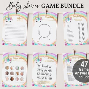Unicorn Baby Shower Games Package Pink Teal & Gold unicorn Floral Rainbow game bundle Girl Baby Shower Editable Printable Digital Bab1