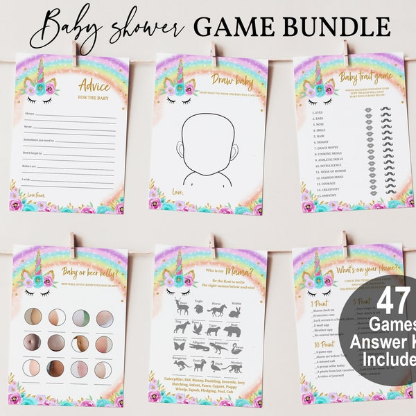 Unicorn Baby Shower Games Package Pink Teal & Gold unicorn Floral Rainbow game bundle Girl Baby Shower Editable Printable Digital Bab1