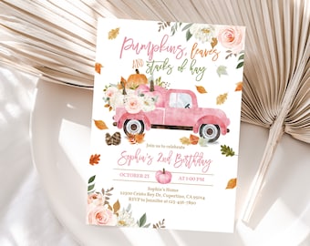 Birthday Invitation: Pumpkin Truck Theme (Pink Orange, Editable Bir315)