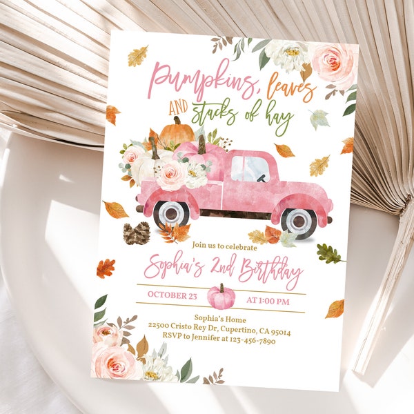 Pumpkin Birthday Invitation Fall Pumpkin Truck Birthday Party Invite Pink Orange Truck Party Girl Floral Editable Printable Download Bir315