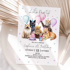 May include: A birthday party invitation with a paw-themed design. The invitation features a group of cats wearing party hats and holding gifts. The text on the invitation reads "Let's Party!" and "Sophia's 5th Birthday".