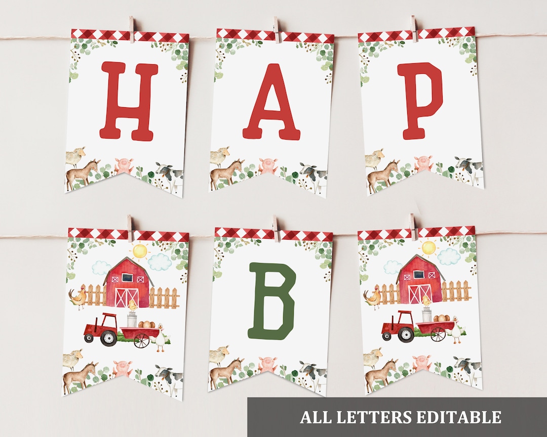 Farm Banner Printable Happy Birthday Banner Red Green Farm Animals Boy ...