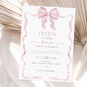 Pink Bow 1st Birthday Invitation: Coquette Girl, Editable (Printable)