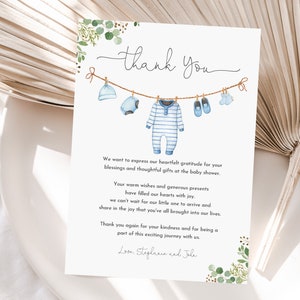 Boy Baby Clothes Baby shower Thank you card A sweet baby boy Laundry Blue Greenery Boho Baby Thank you note Editable Printable Bab214