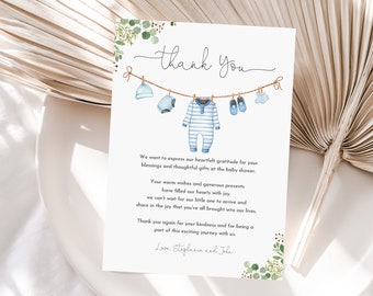 Boy Baby Clothes Baby shower Thank you card A sweet baby boy Laundry Blue Greenery Boho Baby Thank you note Editable Printable Bab214