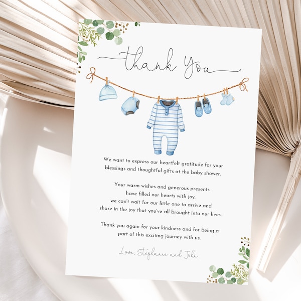 Boy Baby Clothes Baby shower Thank you card A sweet baby boy Laundry Blue Greenery Boho Baby Thank you note Editable Printable Bab214