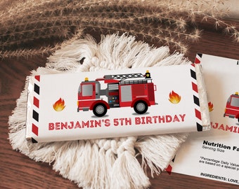 Editable Firetruck Chocolate wrapper Firetruck Candy Bar Label Firetruck Birthday Favor Fireman Firefighter Thank you label Printable Bir71