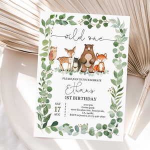 Woodland Birthday Invitation Forest Animals Party Invite Greenery 1st First Birthday Boy Rustic Printable Editable Wild One Download Bir205