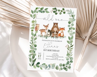 Woodland Birthday Invitation Forest Animals Party Invite Greenery 1st First Birthday Boy Rustic Printable Editable Wild One Download Bir205
