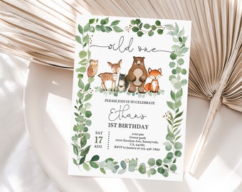 Woodland Birthday Invitation: Forest Animals, Greenery Theme Bir205