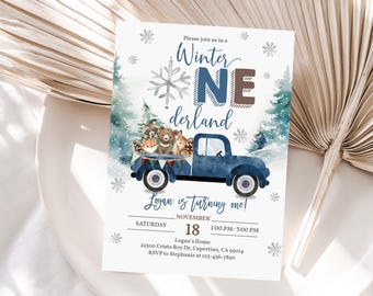 Winter Onederland verjaardagskaart - Blauwe vrachtwagen en bosdieren Bir396