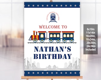Letrero de bienvenida de cumpleaños de tren - Descarga digital editable e imprimible Bir137