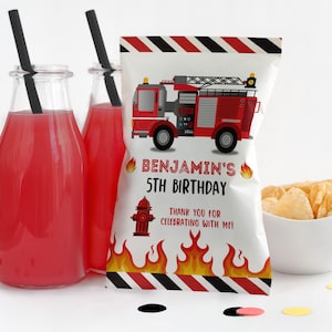 Editable Fire truck Birthday Chip Bag Fire truck Party Fireman Firefighter Favor bag Printable thank you potato bag Boy Digital Bir71