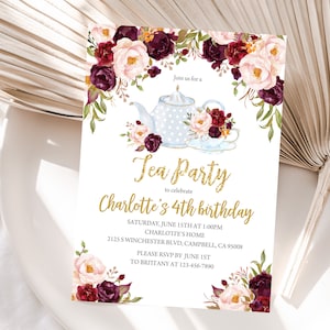 Tea Party Birthday Invitation Floral High Tea Invite Time for Tea Brunch Glitter Gold Marsala Floral Editable Download Printable Bir193