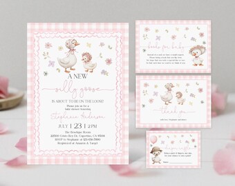 May include: A pink and white gingham baby shower invitation with a cute illustration of two geese. The invitation reads "A new silly goose is about to be on the loose." The invitation also includes the date, time, and location of the shower. There are also three smaller cards with the text "books for baby", "thank you", and "diaper raffle".