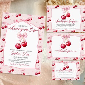 Rosa Babypartyeinladungs-Einladungs-Bundle Kirsche auf Spitze einladen Bearbeitbare Babyparty-Einladung Kokette Rosa Bogenbeeren Minimale Mädchen-Dusche Bab349