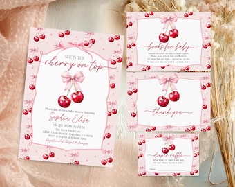 Baby Shower Invitation Set: Cherry Theme, Pink Bow - Editable Bab349