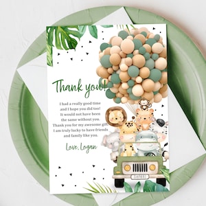 Tarjeta de agradecimiento por animales salvajes, nota de agradecimiento por cumpleaños en la jungla, animales de fiesta de safari, león, jirafa, elefante, editable, imprimible, descargar Bir297