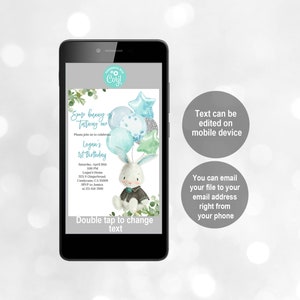 May include: A blue and white baby shower invitation featuring a cute bunny rabbit holding balloons. The invitation reads "Some bunny is turning one" and includes the text "Logan's 1st Birthday".