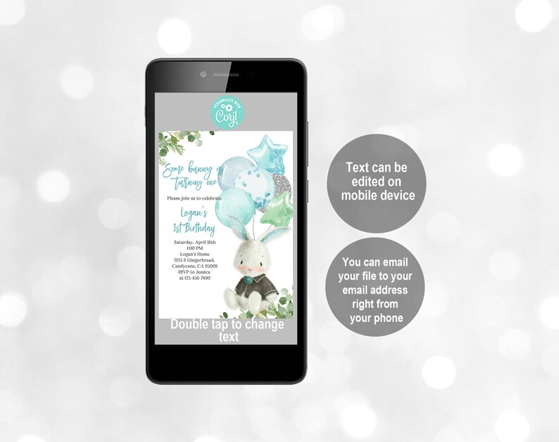 May include: A blue and white baby shower invitation featuring a cute bunny rabbit holding balloons. The invitation reads "Some bunny is turning one" and includes the text "Logan's 1st Birthday".