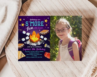 May include: A purple and blue birthday invitation with a campfire and s'mores graphic. The text reads "Birthdays are S'MORE fun with friends." and "Join's to celebrate Sophia's 9th Birthday".