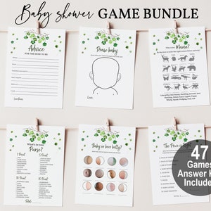Puede incluir: Un conjunto de 47 juegos de baby shower imprimibles con un tema de trébol verde. Los juegos incluyen "What's in your purse?", "Baby or beer belly?", "The price is right", "Advice for the mom-to-be", "Draw baby" y "Who is my Mama?" El texto "47 Games Answer Key Included" está en un círculo en el lado derecho de la imagen.