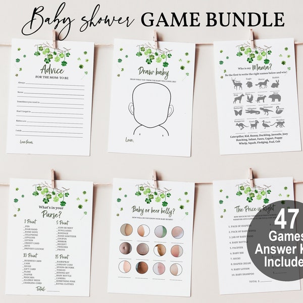 St Patrick’s Baby Shower Game Pack Shamrock Baby Game Set Clover game bundle Gender neutral Digital Editable Printable Download SPBab3