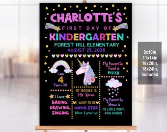 Cartel de regreso a clases con unicornio, pizarra para jardín de infancia (PDF editable)