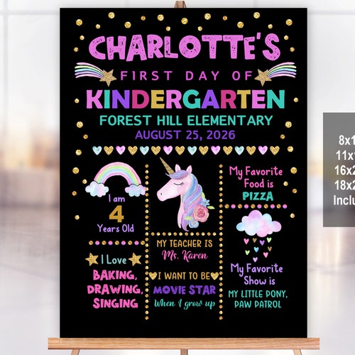 Unicorn Back to School Sign, Kindergarten Chalkboard (Editable PDF)