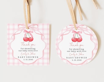 Cherry Baby Shower Stickers: Cherries Theme Thank You Tags (Round & Square) Bab420