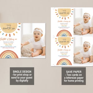 May include: Two printable invitation cards for a first birthday party. The cards feature a sun with rays and a rainbow with a watercolor effect. The text on the card reads "First trip around the sun" and "Charlotte is turning one".