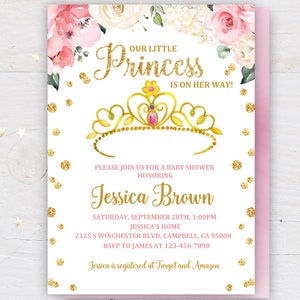 Princess baby shower invitation  Crown invitation  Girl Baby Shower   Gold confetti  Editable  Download  Bab65
