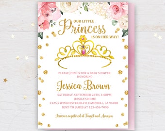 Princess Baby Shower Invitation - Gold Confetti Crown, Editable Bab65