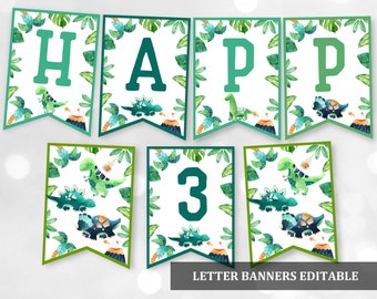 Dinosaurus verjaardagsbanner: Bewerkbare groene dinofeestbanner (printbare digitale banner Bir227)