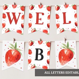 Aardbei baby shower banner meisje baby shower decor Berry douche partij bunting banner digitale zomer bewerkbare afdrukbare download bab181