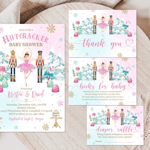 Nussknacker-Babyparty-Einladungssatz Zuckerfee-Fee einladen Satz rosa Ballett-Party Weihnachtsmädchen bearbeitbare druckbare Download Chbab3