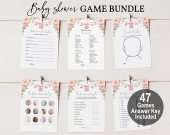 Girl baby clothes baby shower game pack Clothesline Baby Shower Game Set Pink floral Boho Digital Editable Printable Download Bab215