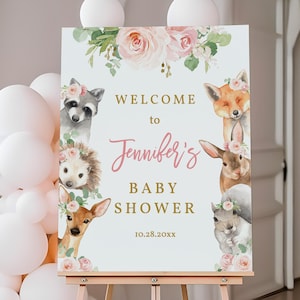 Wald Baby-Dusche Willkommensschild Waldparty Dekor Waldtiere Willkommen Poster Mädchen-Baby-Dusche Editable Printable Download Bab149