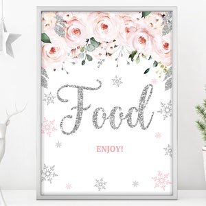 Winter Food Sign Pink Floral Silver Snowflake Sign 5x7in, 8x10in ...