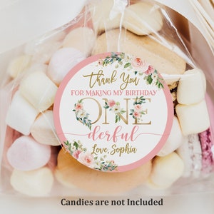 Blush rosa Floral Favor Tags Little Fräulein Onederful Geburtstag Danke Tag Label Aufkleber Mädchen 1