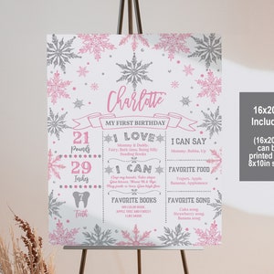 Winter ONEderland First Birthday Milestone Sign Snowflake Milestone Poster Pink silver 1st Girl Decorations Editable Printable Bir19