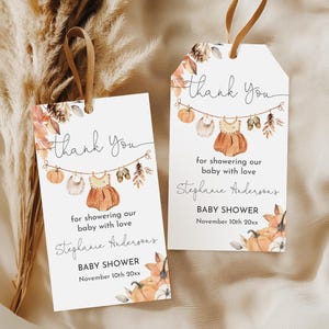 Herbst Kürbis Favor Tag Mädchen Kleidung Baby Shower Tag Wäsche bearbeitbar Dankeschön Tag Mädchen Baby Kleidung Ein kleiner Kürbis Boho Printable Bab291