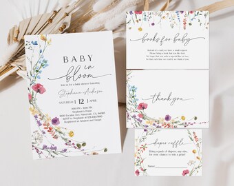 May include: A floral-themed baby shower invitation with the text "Baby in Bloom" and details for a baby shower honoring Stephanie Anderson. The invitation includes a date, time, and location. There are also cards for guests to write messages, a diaper raffle, and a request for books for the baby.